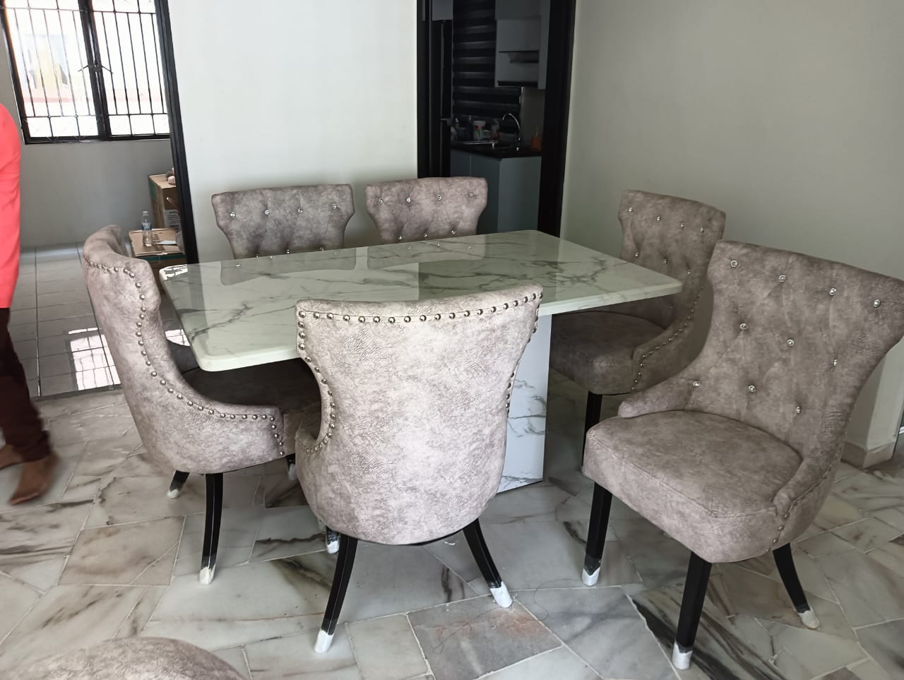 Elegant Butterfly Marble Dining Set with Luxurious Velvet Chairs